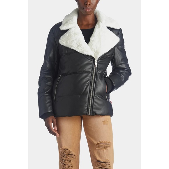 Levi's Jackets & Blazers - Levi’s Asymmetrical Vegan Leather Moto Puffer Jacket Faux Fur Trim